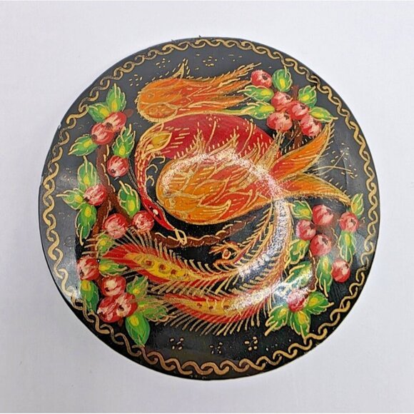 Russian Hand Painted Signed Black Lacquer Floral & Fire Bird Round Brooch Pin 2" - Picture 3 of 11